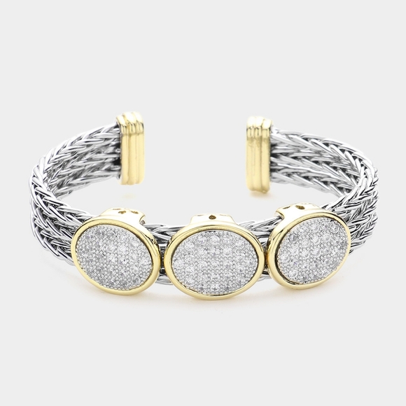 Two Tone Triple Oval Cubic Zirconia Braided Metal Cuff Bracelet Bangle - Picture 1 of 4